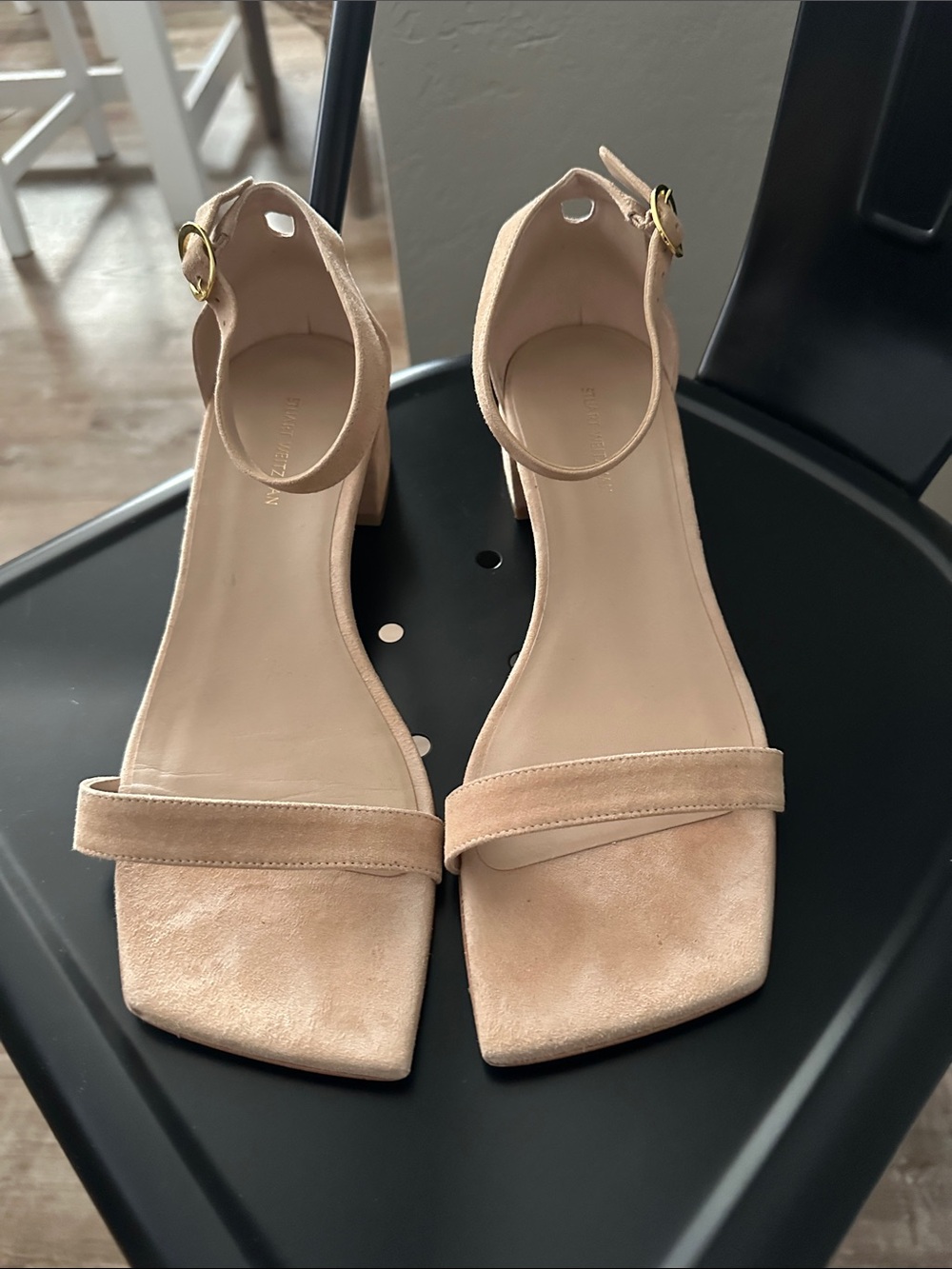 Stuart Weitzman Nude Suede Square-Toe Ankle Strap Sandals